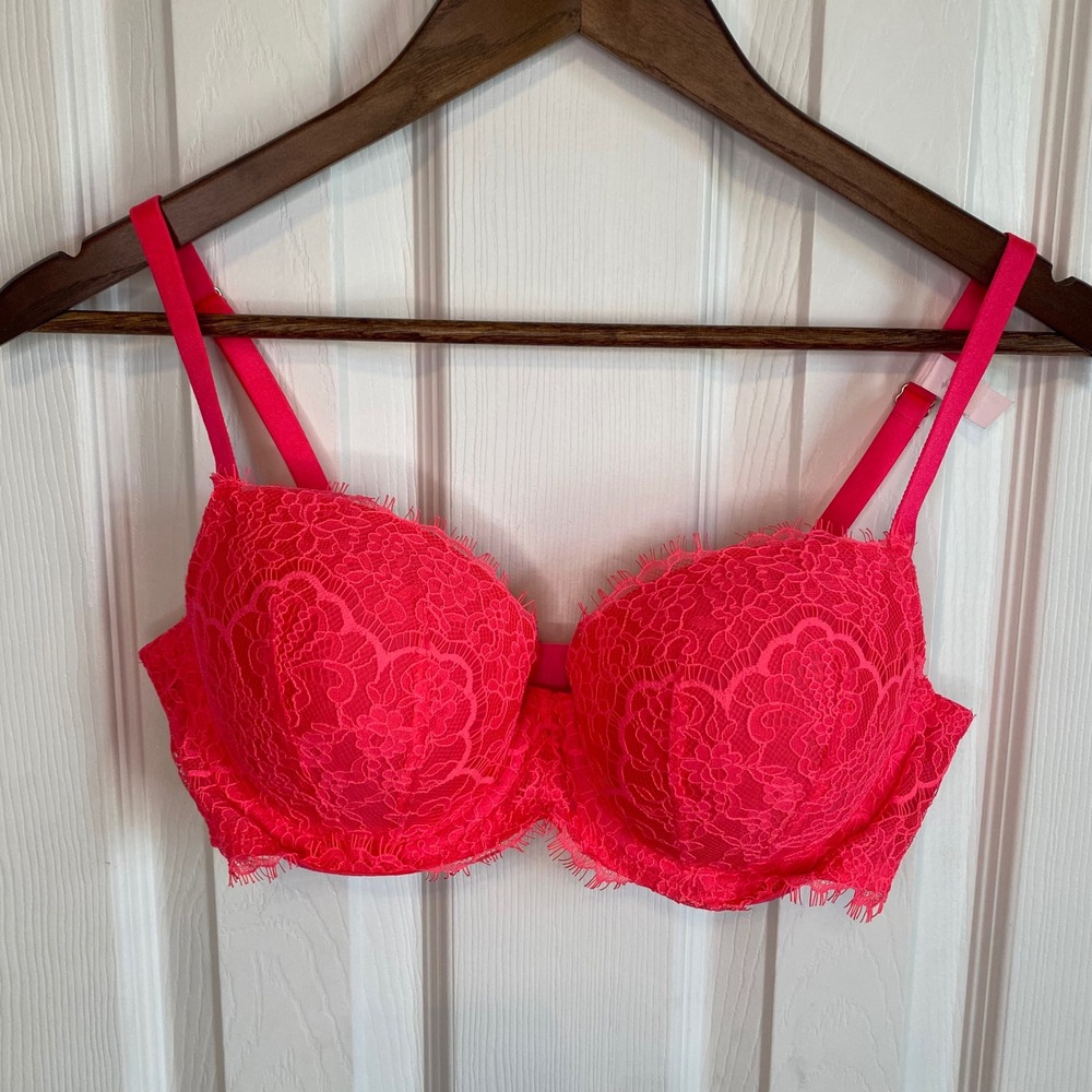 Victoria's Secret Dream Angels Lined Demi Bra Neon Pink Lace 36C NWT